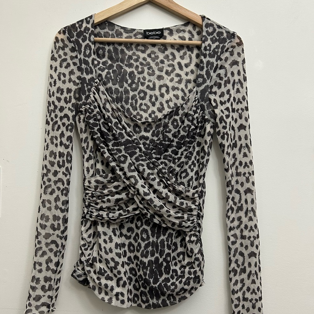Bebe Y2K Leopard Print Ruched Mesh Sheer Sleeve Top Chic